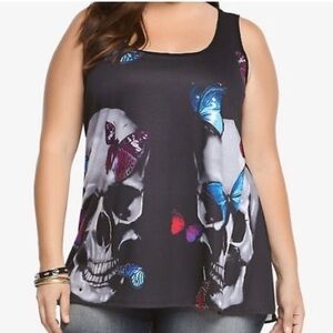 Torrid Black Tank Top with Skull and Butterfly Design Sheer Mesh Back Sleeveless